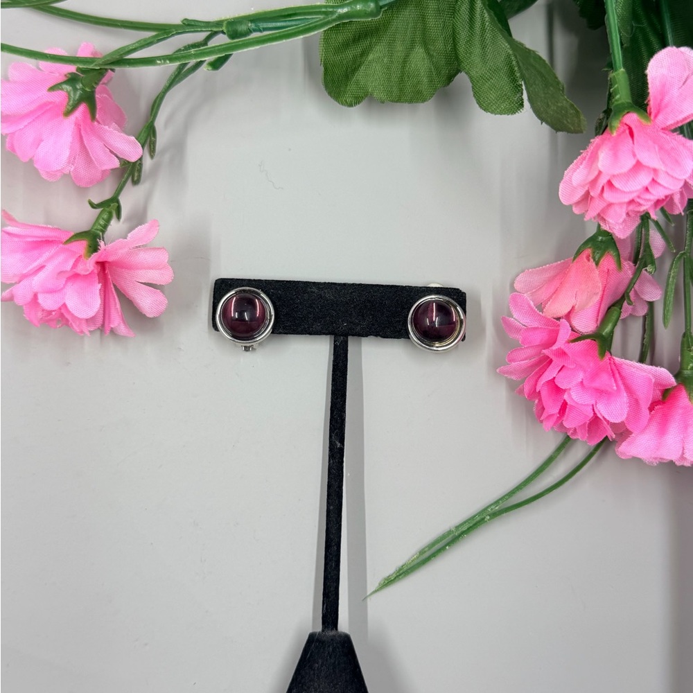 Sterling Silver Plated Clip On Earrings with Deep Pink Cabochon Cut Gemstones